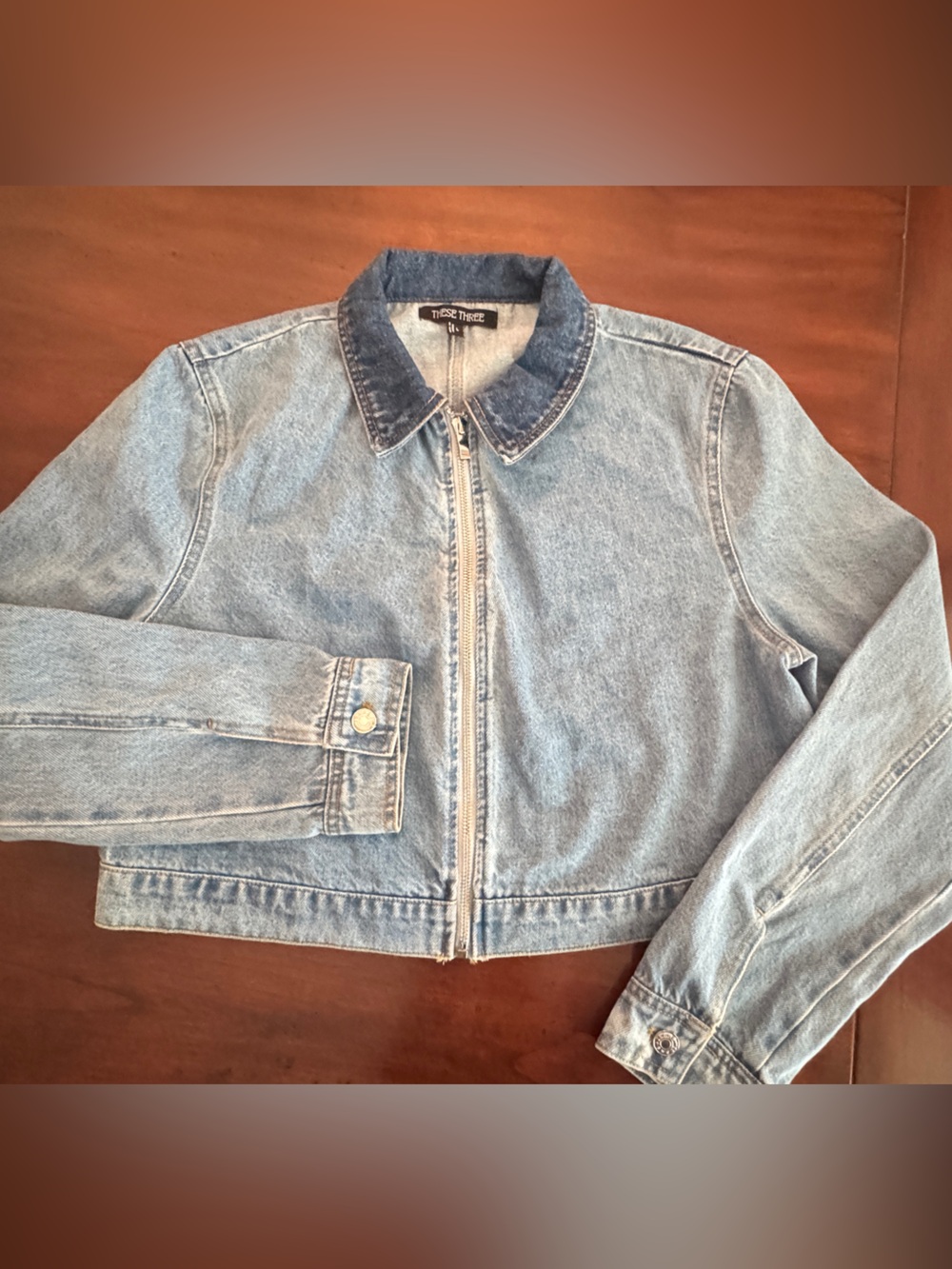 These Three Boutique Zip Front Denim Jacket Large Cropped Boxy Blue Jean Jacket
